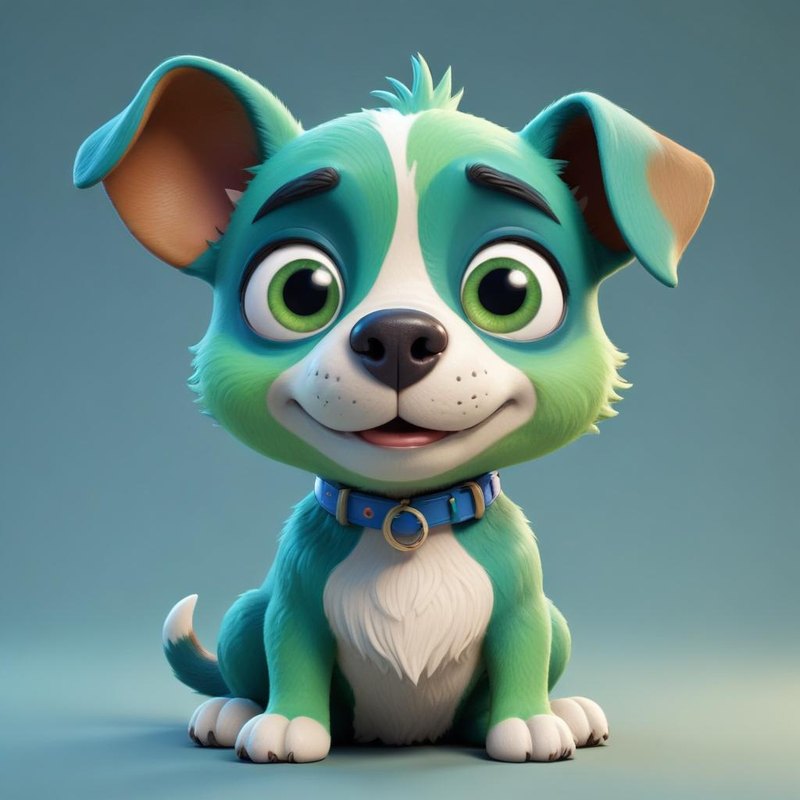 Cora, a cheerful spring-green 3D cartoon puppy with a blue collar